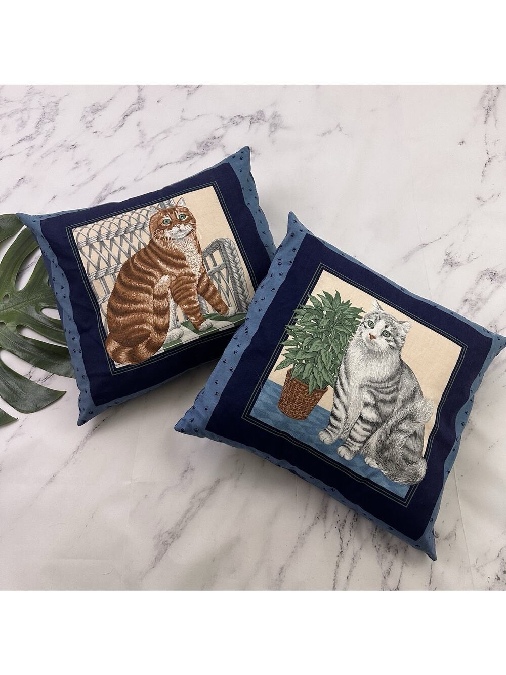 Vintage 90s Cat Print Throw Pillows Set of 2 Handmade Blue Kittens Decor 15x16